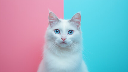 Portrait of Turkish Angora Cat on Isolated Pastel Background Looking at Camera | Elegant Pet Photography with Copy Space


