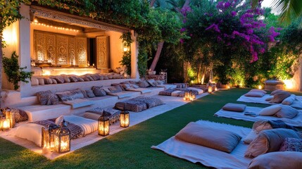 Obraz premium Cozy Outdoor Lounge with Lanterns and Cushions at Dusk
