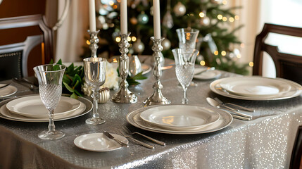 Fototapeta premium The image shows a beautifully set table with a silver tablecloth, white plates, and silver cutlery.