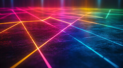 Neon Gridlines in Bright Pink, Blue & Yellow on Dark Futuristic Background