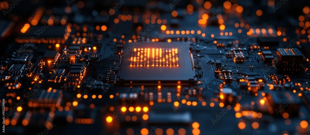 Poster close-up view of a lit up computer chip on a circuit board.