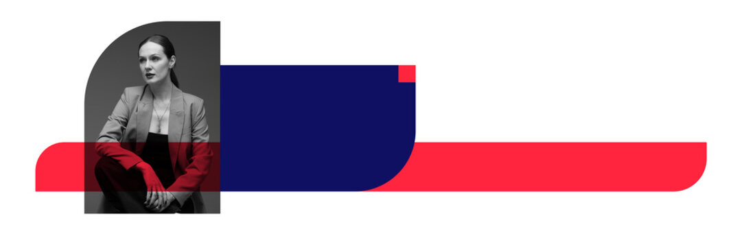 Banner. Contemporary art collage. Woman in business suit seated against bold red and blue abstract shapes. Minimalistic design. Copy space. Concept of branding, lending pages presentation templates.