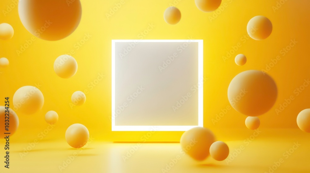 Poster a white square with a glowing border sits in front of a yellow background with floating yellow orbs.