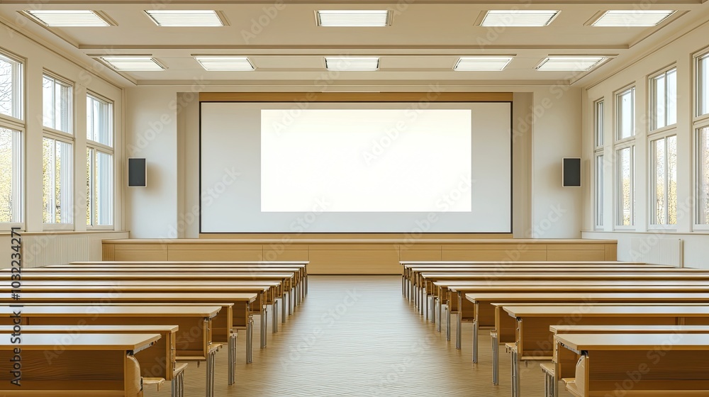 Poster spacious classroom with empty seating and projector screen