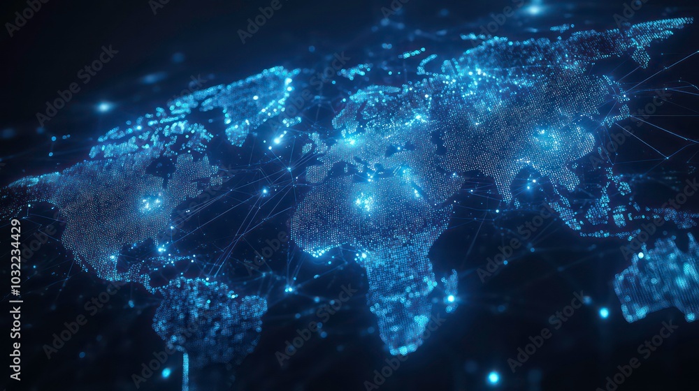 Poster a glowing blue digital map of the world with interconnected lines representing global networks.