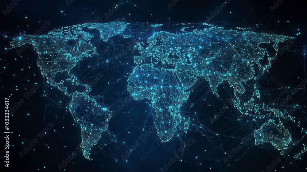 Poster a glowing blue digital map of the world with connecting lines, representing global connectivity and 