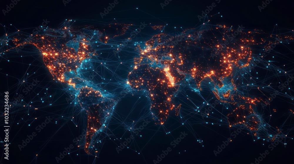 Poster an abstract world map with glowing points and lines representing global interconnectedness, communic