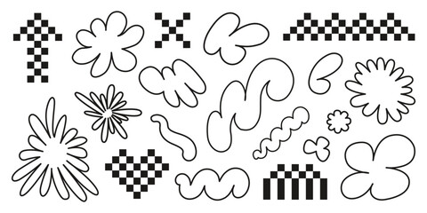 Vector set of y2k black elements isolated on a white background. Hand drawn collection of heart pixel, arrow, cross, wave, flower, organic shapes