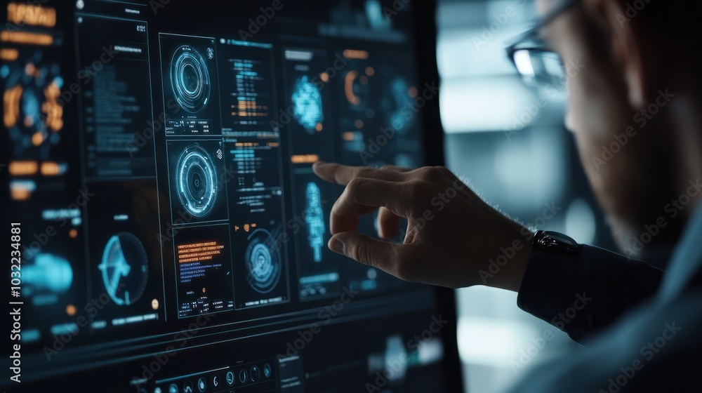 Poster a close-up of a business professional using ai-powered analytics software to enhance business decisi