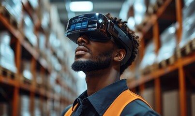 Augmented Reality Picking warehouse workers wearing AR glasses or headsets, which provide real-time picking instructions and navigation cues for faster and more accurate order, Generative AI