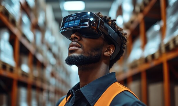 Augmented Reality Picking warehouse workers wearing AR glasses or headsets, which provide real-time picking instructions and navigation cues for faster and more accurate order, Generative AI - Powered by Adobe