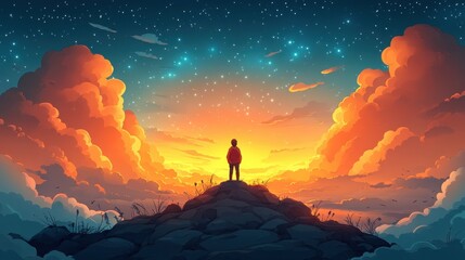 Obraz premium A man stands atop a mountain peak, gazing at the vibrant starry sky filled with dreams and aspirations during a serene twilight moment
