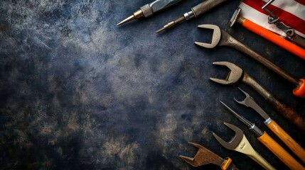 Various tools and a small portion of an American flag arranged on a dark textured background, leaving space for text or a logo.