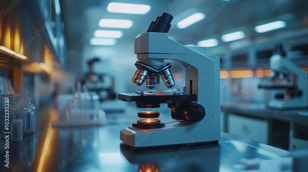 Aufkleber a white microscope sits on a lab bench in a modern laboratory, with another microscope and lab equip