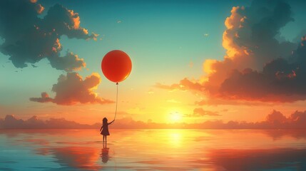 A person releases a vibrant balloon into a clear sky, embracing the moment of letting go and saying goodbye to the past as the sun sets