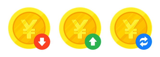 Set of yen gold coins, financial arrows for increase, decrease, and transaction. Finance, currency fluctuation, JPY exchange concept. Flat vector illustration isolated on a white background	
