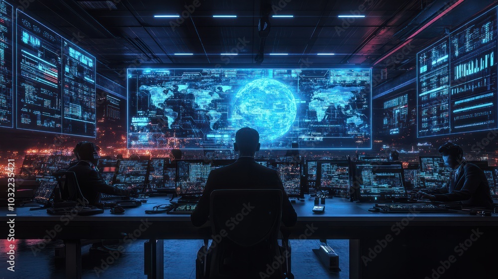 Poster a digital battlefield where algorithms and ai bots engage in simulated cyber warfare under the contr