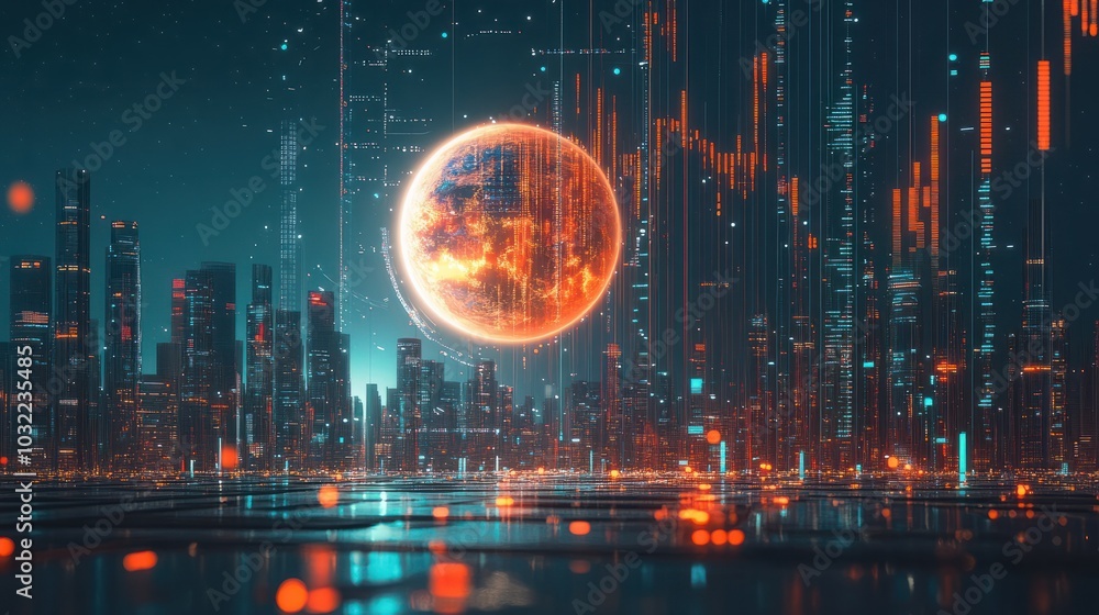 Aufkleber a digital representation of the earth surrounded by data visuals and graphs in a futuristic financia