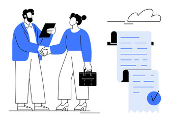 Two characters shaking hands, celebrating a successful business agreement, one holding a clipboard and the other a briefcase. Papers with blue tick mark. Ideal for business deals, partnerships