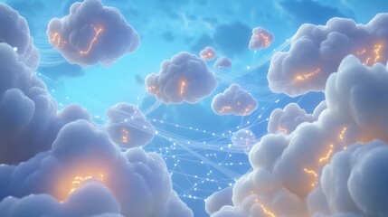 A digital concept of cloud computing, with white clouds floating in a clear blue sky, all connected by glowing network cables. The cables stretch between the clouds.