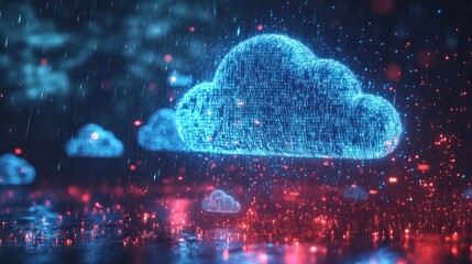 A digital cloud icon composed of glowing blue binary code, suspended in a dark cyberspace, with red and blue digital rain falling around it, symbolizing data storage, connectivity, and the evolution 