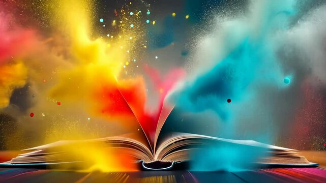 open book with colorful splashes and abstract background, imagination and creativity concept.