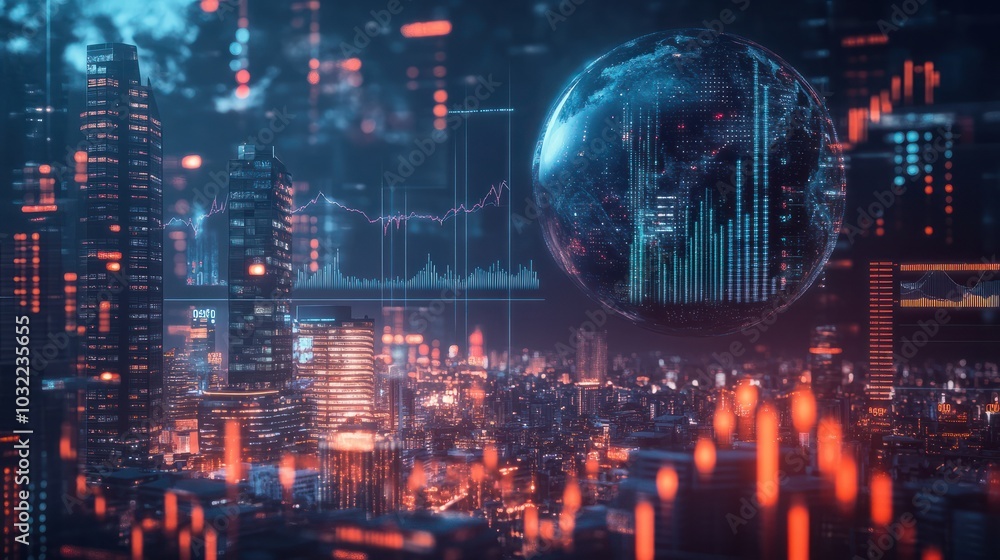 Poster a digital representation of the earth surrounded by data visuals and graphs in a futuristic financia