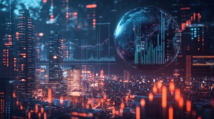 Obraz premium A digital representation of the Earth surrounded by data visuals and graphs in a futuristic financial setting at night