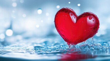 Fototapeta premium Shimmering red heart shaped crystal against soft water bokeh background illustrating water wellness concept