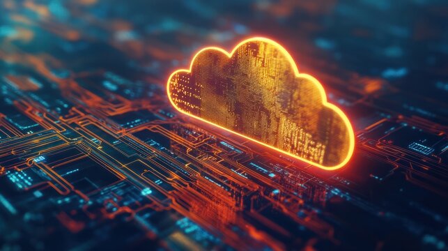 A glowing digital cloud icon hovers above intricate circuitry, symbolizing cloud computing and data integration in modern technology.