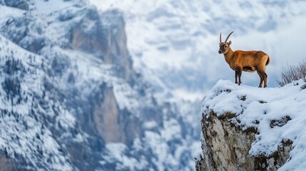 Obraz premium An incredible winter scene including snow-covered mountains in the backdrop features an Alpine chamois (Rupicapra rupicapra), standing on a steep snowy hill in January in the Alps Mountains of Italy.