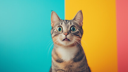 Fototapeta premium Surprised cat in colorful studio banner with copy space