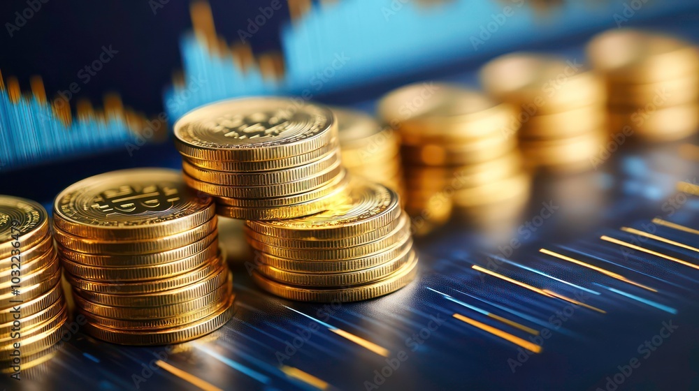 Poster gold coins stacked on a blue background with a graph in the background.