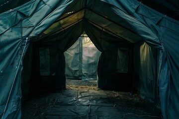 Large empty military tent with its entrance open and light shining through