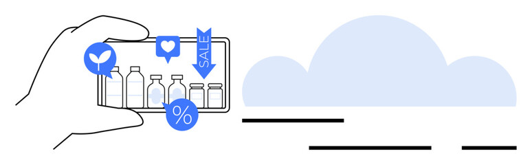 Hand holding a smartphone displaying bottles beside a cloud. Ideal for online shopping, social media, retail, marketing, product promotion. Black, white, blue, minimalist style