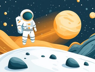 Naklejka premium An astronaut explores the colorful surface of a distant planet, showcasing a vibrant cosmic landscape filled with stars.