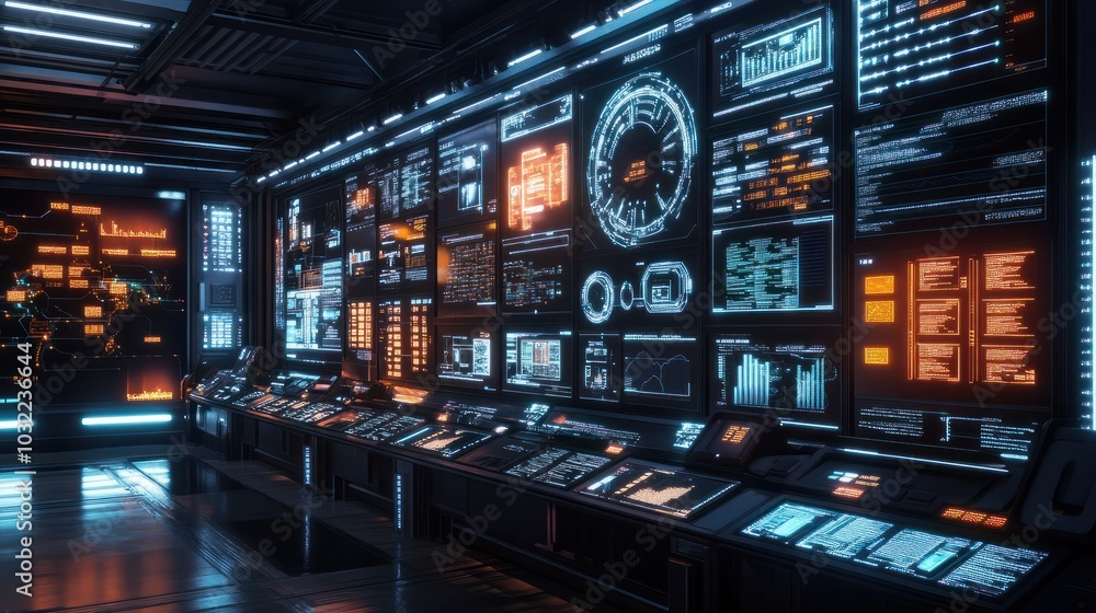 Poster a highly detailed and vibrant digital wall overflowing with multiple screens showcasing various data