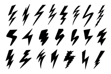 Lightning bolt silhouette. Black electric shock and energy power signs, thunderbolt arrow and flash hand drawn sketch retro style. Vector isolated set