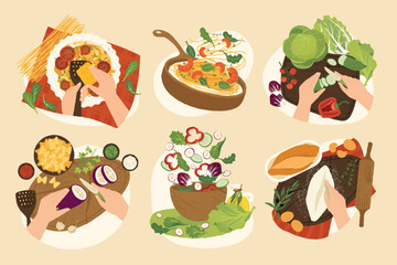Food preparation concepts. Cartoon cooking ingredients and kitchen tools, chef preparing meal for restaurant healthy vegetarian food. Vector set.