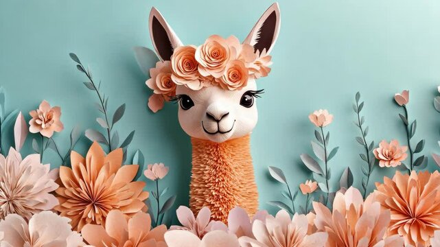 A paper alpaca wearing a flower crown stands among paper flowers on a blue background