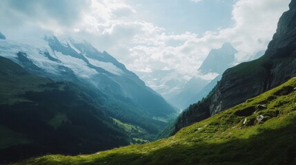 Naklejka premium Crossing the Swiss Alps via paragliding
