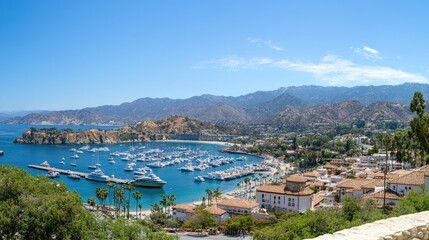 Coastal View of Marina with Mountains and Clear Sky