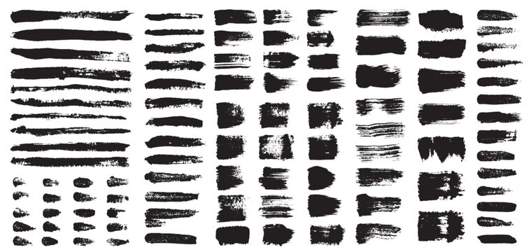 Paint brush stroke. Dirty paintbrush lines ink stains and splashes, black ink textures and grunge banners. Vector hand drawn brushstrokes isolated set