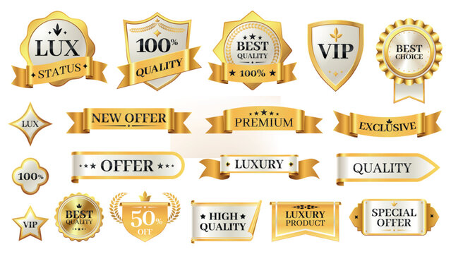Elegant glossy labels. Vintage golden stickers with premium quality and best choice badges for product rating. Vector certificate and sticker set.