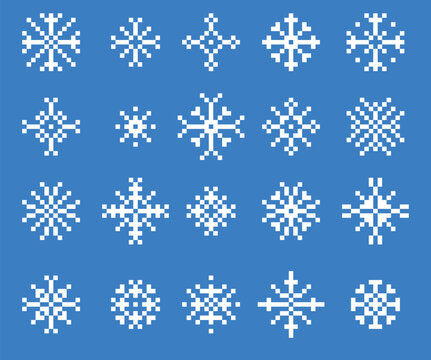 Pixel snowflakes set. Retro 8 bit video game sprite symbols of winter snow stars, frost glitter and sparkle. Vector isolated collection