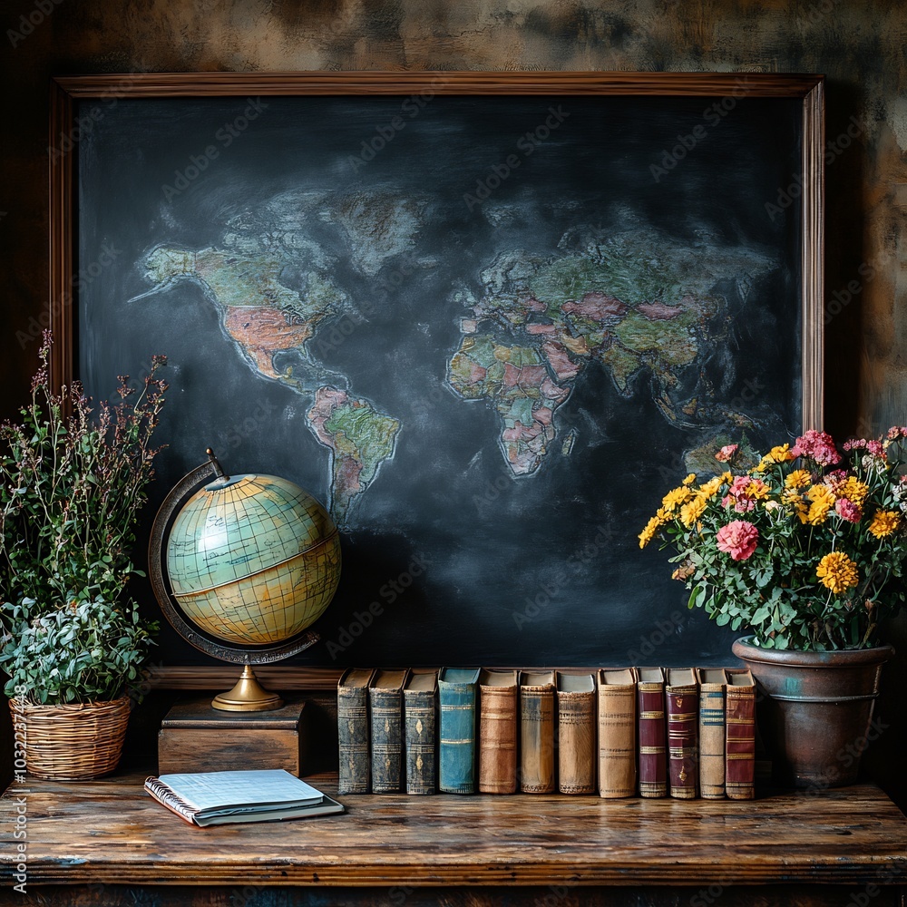 Poster empty blackboard background adorned with colorful chalk outlines of classroom essentials like globes