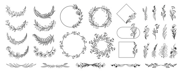 Floral borders and dividers. Elegant decorative plants frames and monogram ornamental dividers for wedding invitation card. Vector isolated set