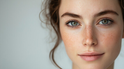 Young Freckle-Faced Girl with Fresh Skin on White Background

