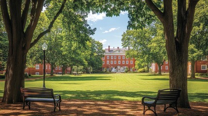Serene Campus View with Lush Greenery and Building