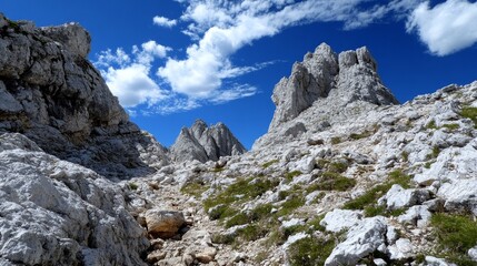 Obraz premium Felsige Berge rund um den Mangart-Gipfel in den Julischen Alpen (Triglav-Nationalpark) - Mangart peak in the Julian Alps, Strmec na Predelu (Triglav National Park, Slovenia)